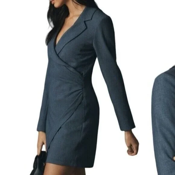 ANTHROPOLOGIE Long Sleeve V Neck Blazer Mini Dress Navy Size 16 NEW